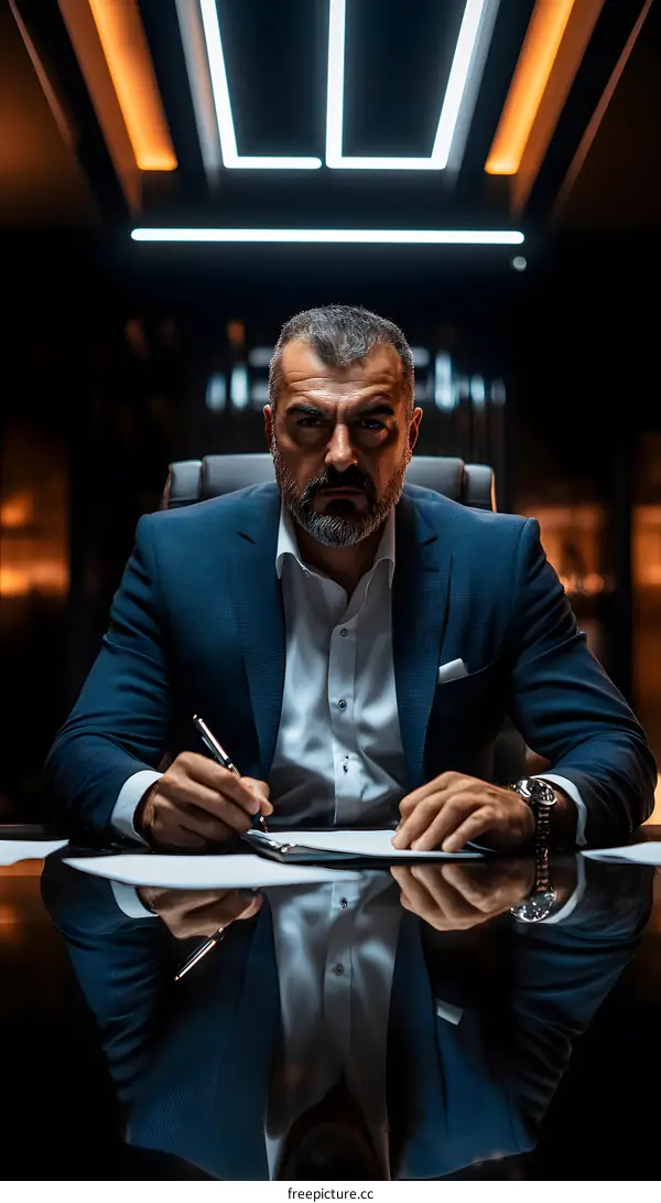 Businessman Sitting at Desk in Office Signing Documents
