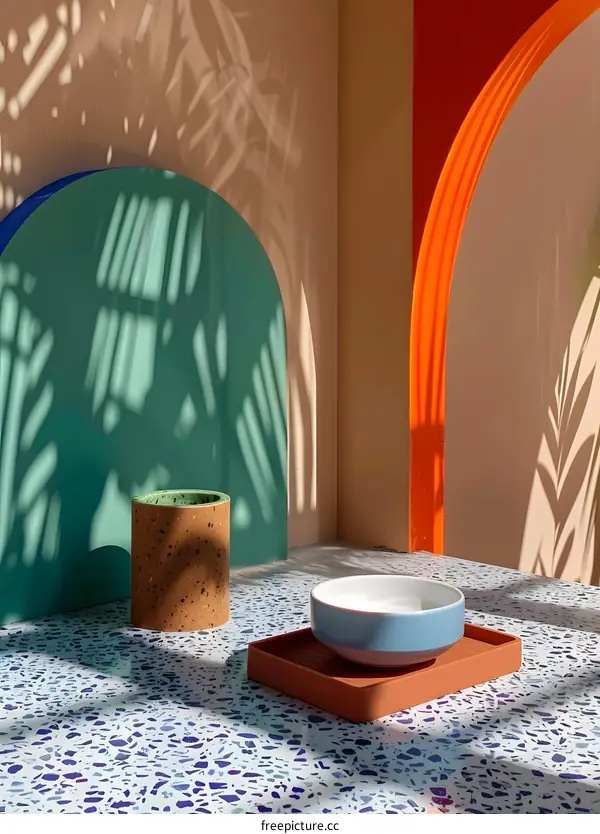 Minimalist Home Decor with Terrazzo Floor and Colorful Arched Walls