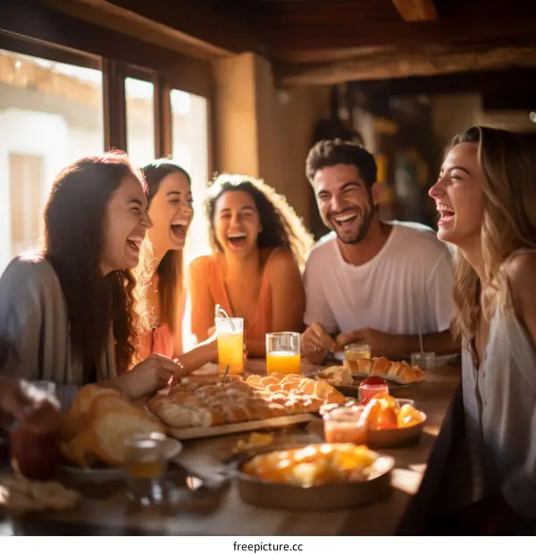 Laughing friends enjoying breakfast together