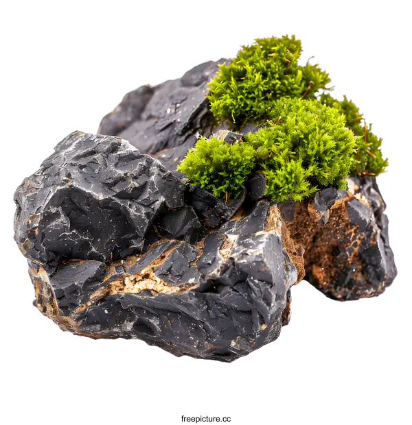 [Transparent Background PNG]Green Moss Growing on a Black Rock