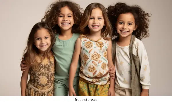 Four smiling multiracial little girls in colorful summer clothes