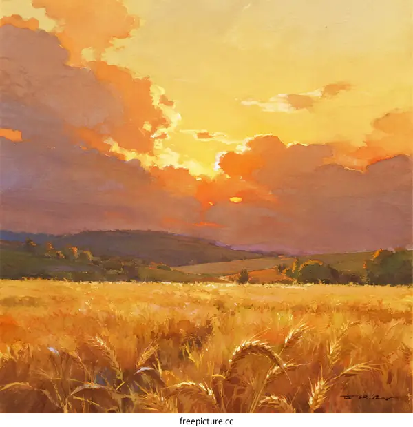Golden Wheat Field Under Dramatic Orange Sunset Sky