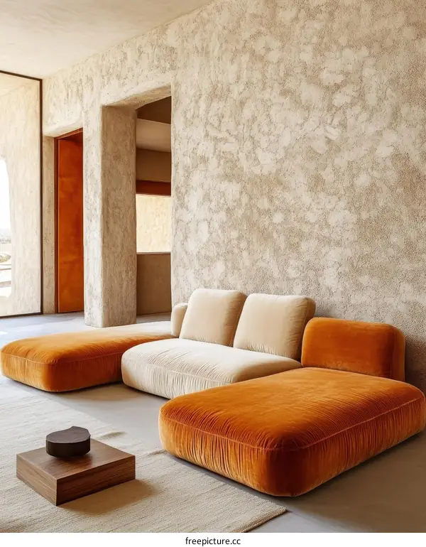 Modern Sectional Sofa in Beige and Rust Orange