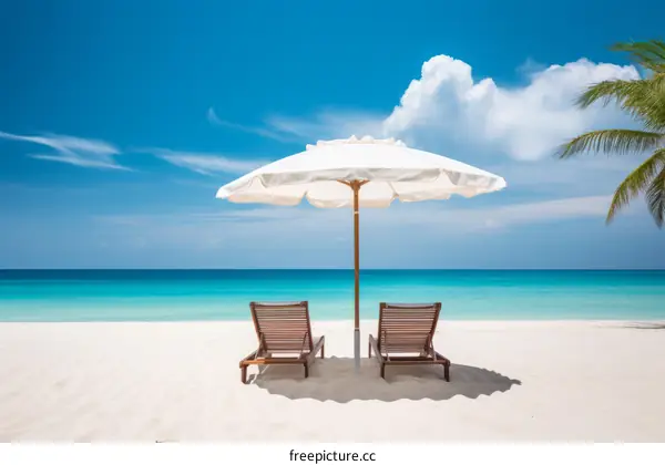 Two empty beach chairs under a white umbrella on a tropical beach with white sand and blue water