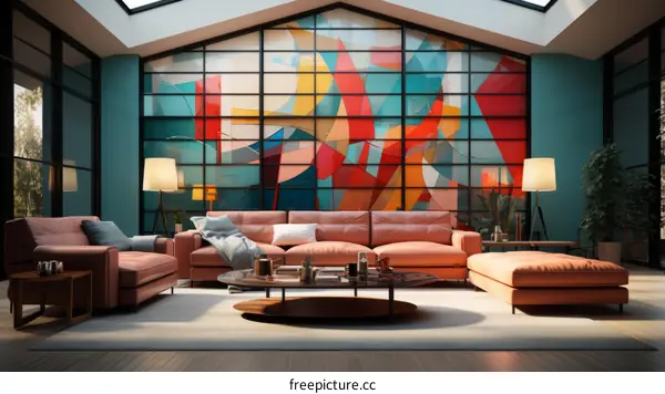 Modern Living Room with Large Stained Glass Window