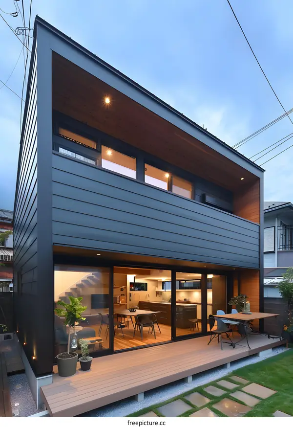 Modern Black and Wood House with Patio and Garden