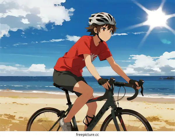 A person riding a bicycle on a sunny beach with clear sky