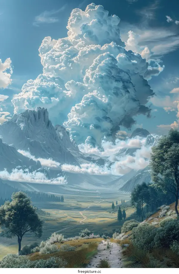 Fantasy Landscape with Clouds Over Mountains and Valley