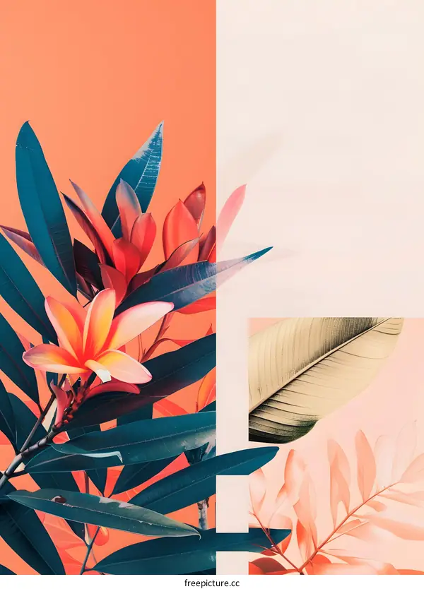 Tropical Leaves and Flowers Collage on Pink and White Background