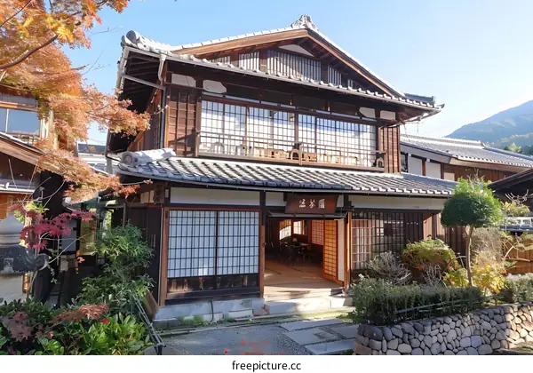 Japanese traditional house with wooden lattice windows
