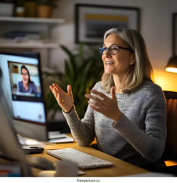 Smiling Woman in Video Conference Using Computer