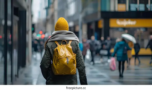 Woman With Yellow Backpack Walking on City Street