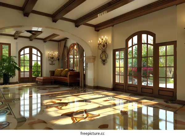 Luxury Living Room Interior Design with Arched Doors and Wooden Beams