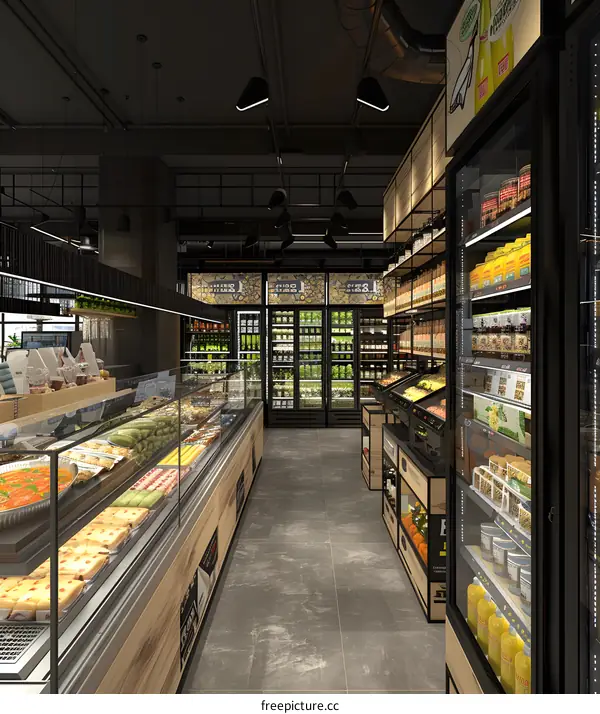 Grocery Store Interior Design with Modern Black and Wood Shelves