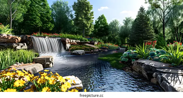 Waterfall in a Rocky Forest Landscape