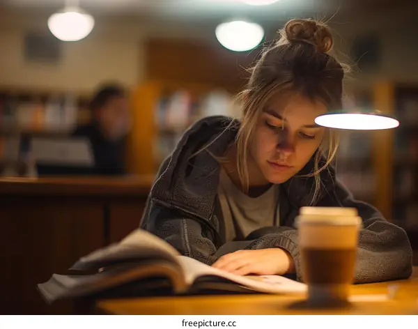 Young woman studying in library at night