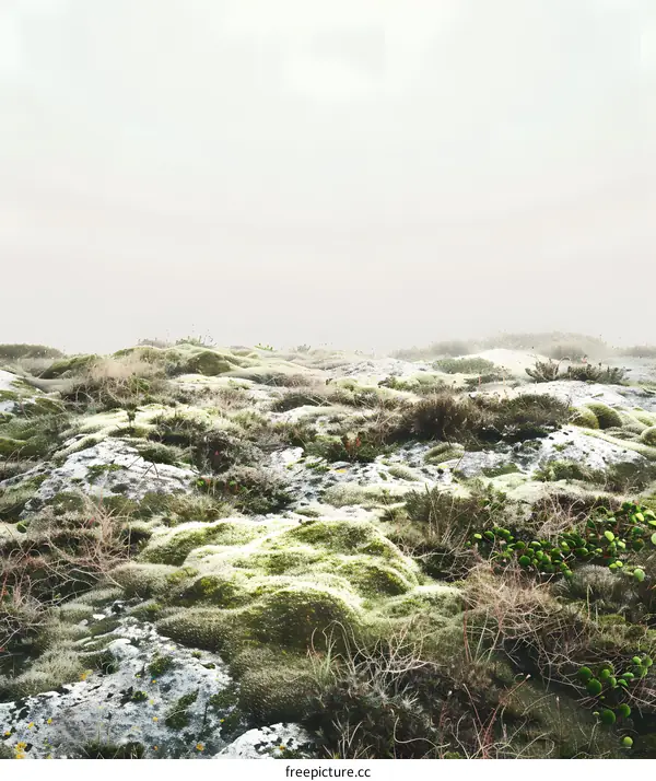 Green Mossy Landscape on a Misty Day