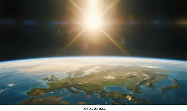 The Sun Shining Over Earth's Surface with Bright Rays