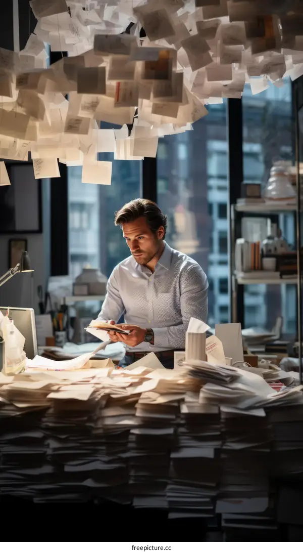A man standing in a room full of papers