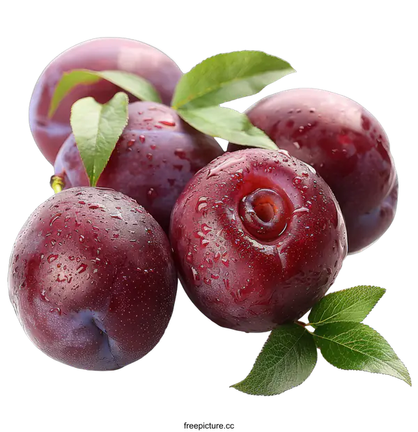 [Transparent Background PNG]Fresh Red Plums with Green Leaves
