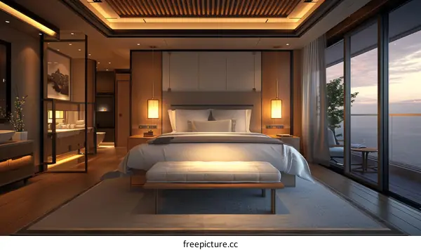 Luxury Modern Bedroom with Ocean View Illustration
