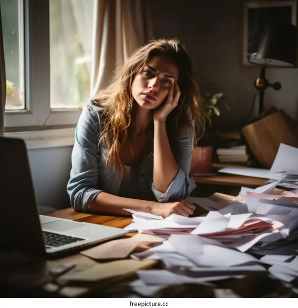 A young woman looking stressed while sitting at her desk