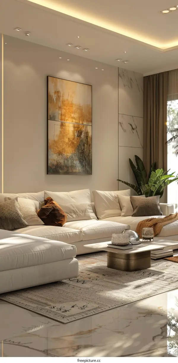 Modern Minimalist Living Room with Green Plants