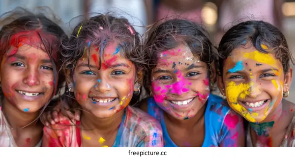 Four Indian girls celebrating the Hindu holiday Holi