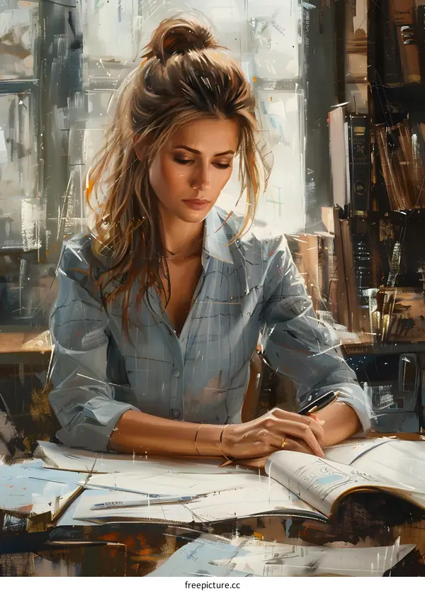 A beautiful woman is sitting at a desk and writing in a book.