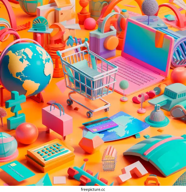 A colorful 3D illustration of a shopping cart filled with a globe, a laptop, a credit card, and other objects