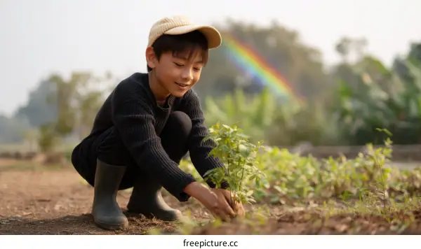 Boy Planting a Sapling in a Garden Under a Rainbow