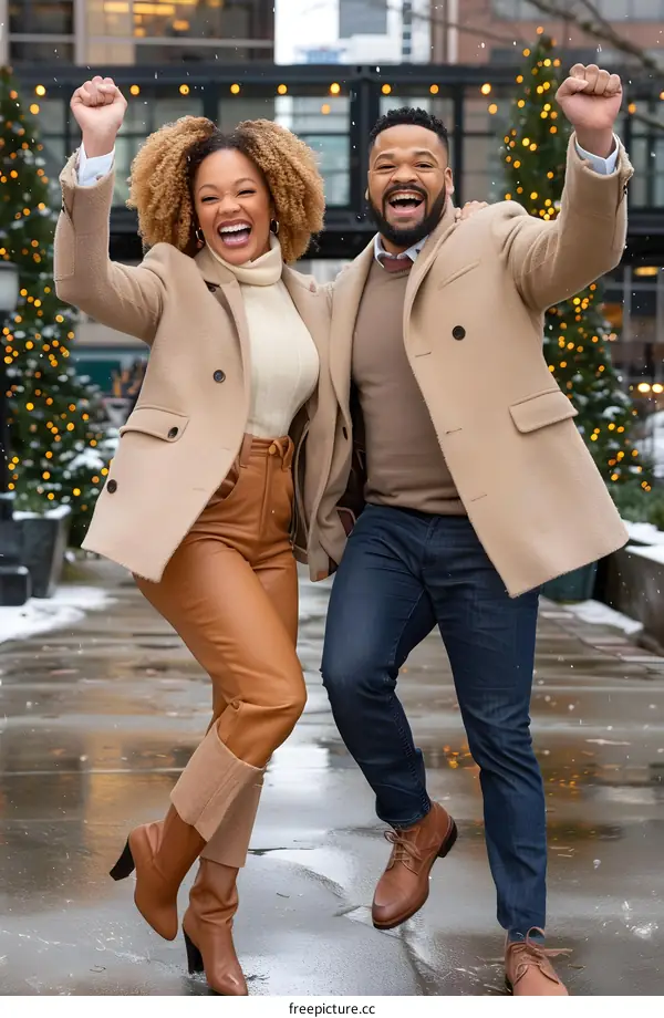 Happy Couple Celebrating in the Snow During Winter