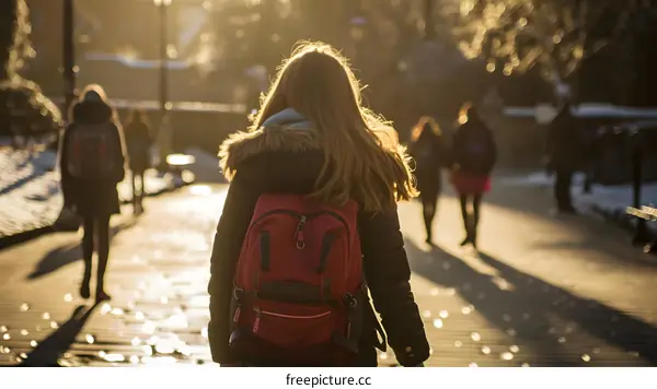 Woman walking in the street with a backpack