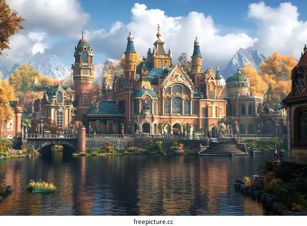 Autumn Landscape with a Large, Elaborate Palace and a Bridge