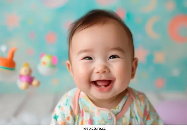 An adorable Asian baby is sitting on a bed and smiling at the camera