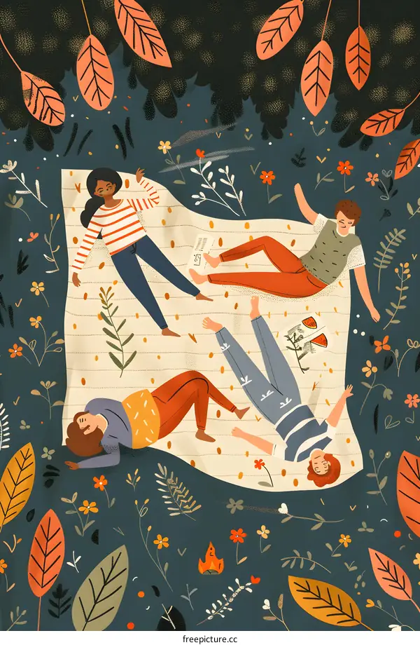 Four Friends Relaxing On A Blanket In The Forest