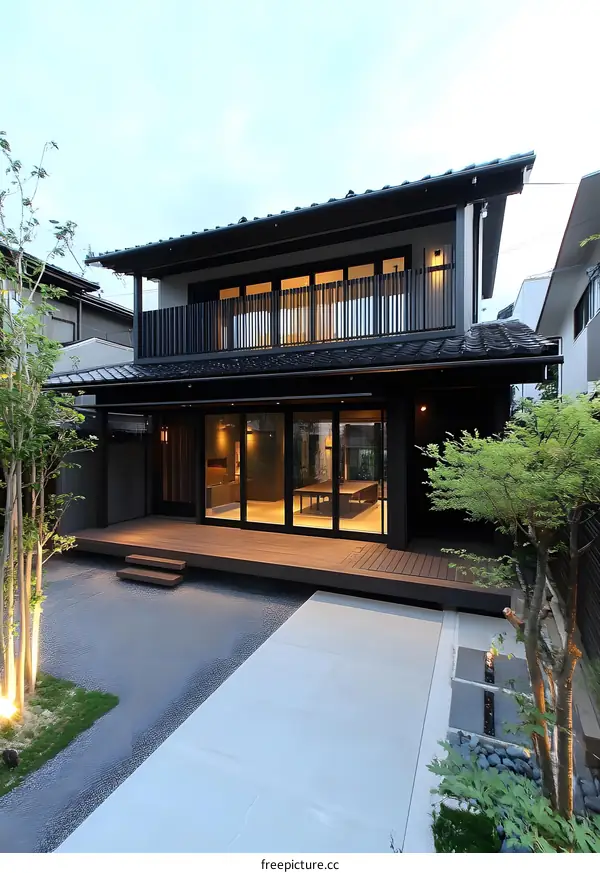 Modern Japanese House with Wooden Deck and Stone Garden