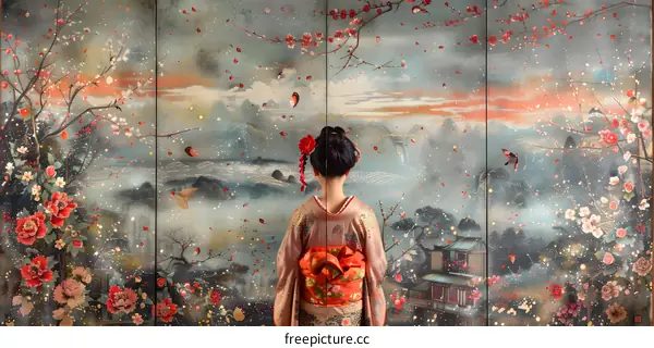 A woman wearing a kimono standing in a field of flowers and cherry blossoms with a mountain in the background