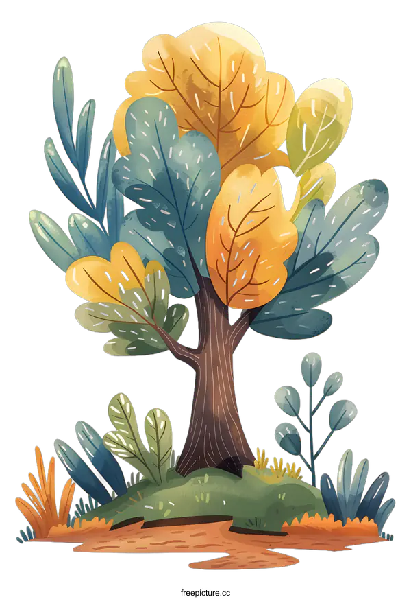 [Transparent Background PNG]Cartoon Illustration of Tree with Green and Yellow Leaves