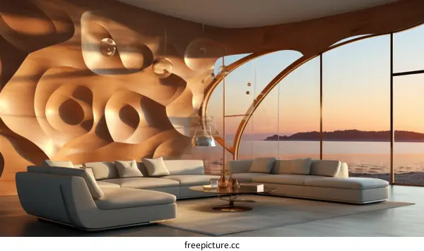 Luxury modern living room interior with sunset sea view