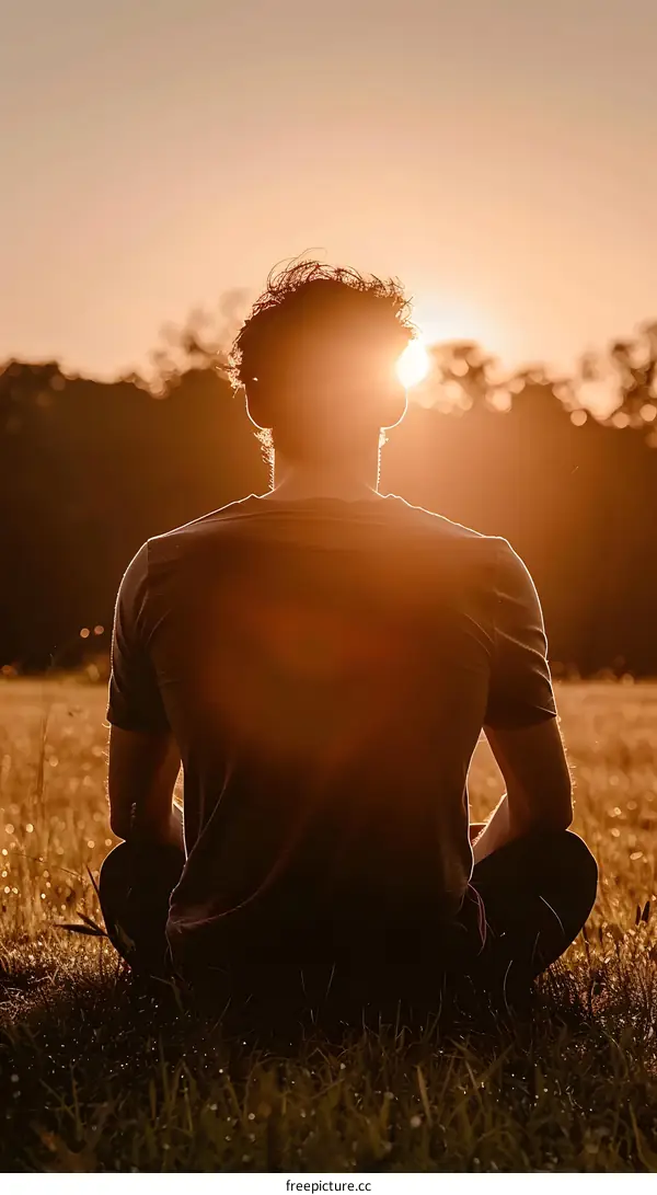 Silhouette of Man Sitting in Field at Sunset