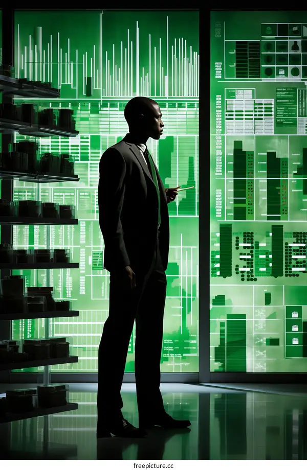 A businessperson of African descent stands in front of a green screen with a tablet in hand.