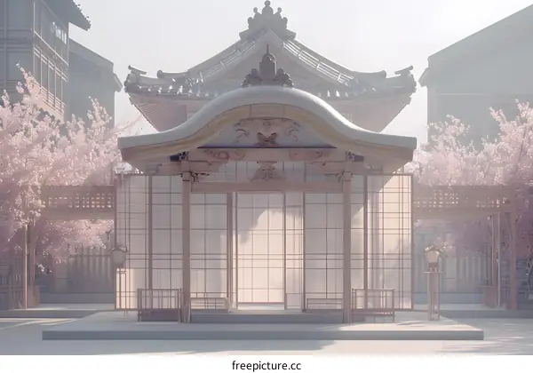 Japanese Style Wooden Building with Cherry Blossom Trees