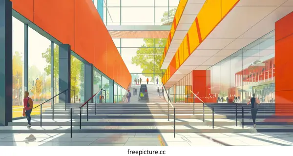 Interior of a modern university building with people walking around