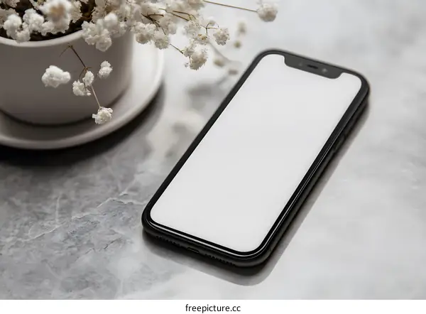 White Blank Screen Smartphone Mockup With Flowers On A Marble Table