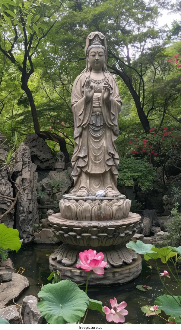 A stone statue of Guanyin surrounded by lotus flowers and trees