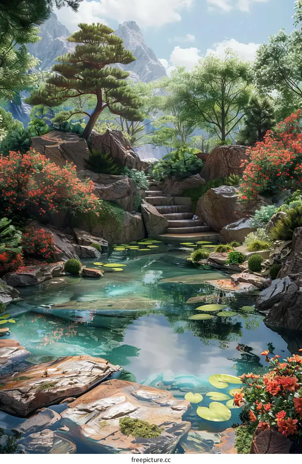 Tranquil Japanese Garden with Stepping Stones and Koi Pond