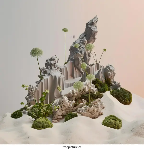 Abstract Stone and Sand Landscape with Green Plants