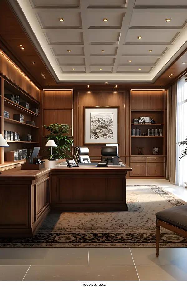 Luxury Modern Office Interior Design With Wooden Desk and Bookshelves