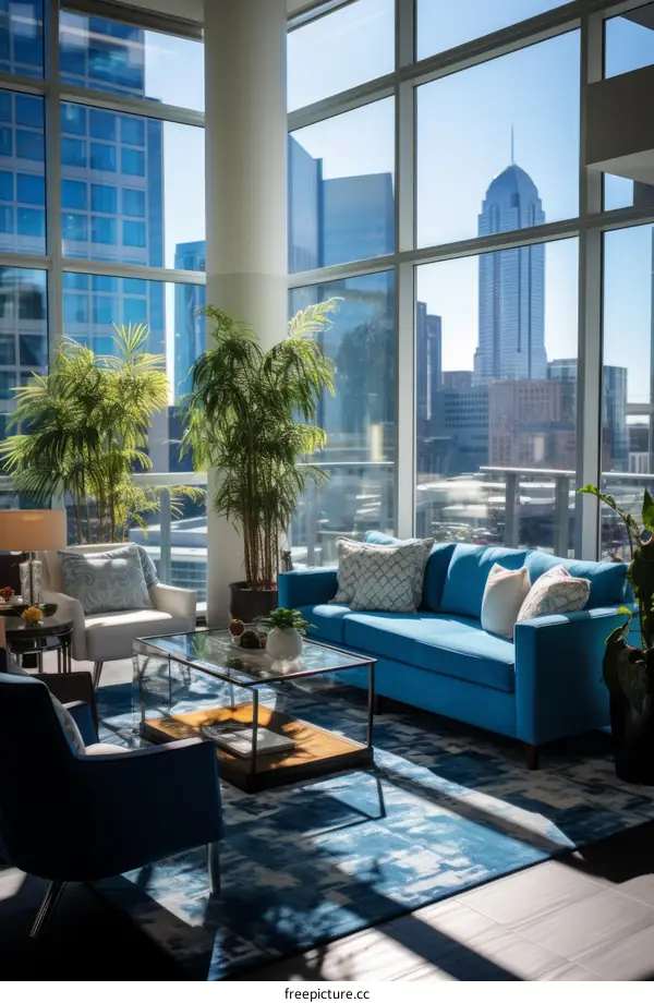 Blue and white living room interior with city view